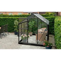 OUTRIUM HÆRDET GLAS DRIVHUS INKL. SOKKEL 3 MM HÆRDET GLAS HELE BANER SORT 5 M²